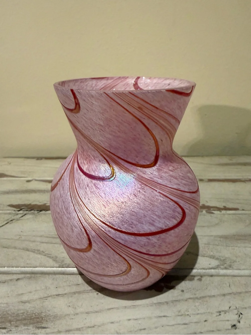 Vintage Art Glass Swirl Vase Pink White Iridescent Art Deco Studio Glass